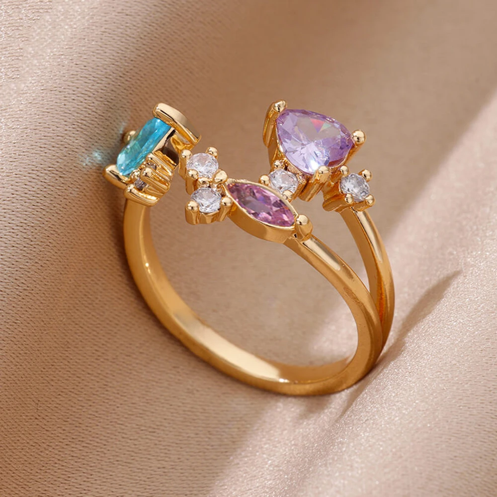 Luxury Edelstahlring – Vergoldeter Herz-Ring mit buntem Zirkonia-Stein – Bild 21