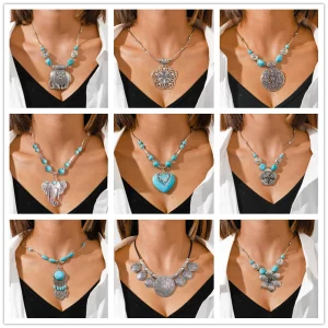 Aihua Bohemian Türkis Statement Halskette für Damen – Handmade Ethno Collier mit Anhängern