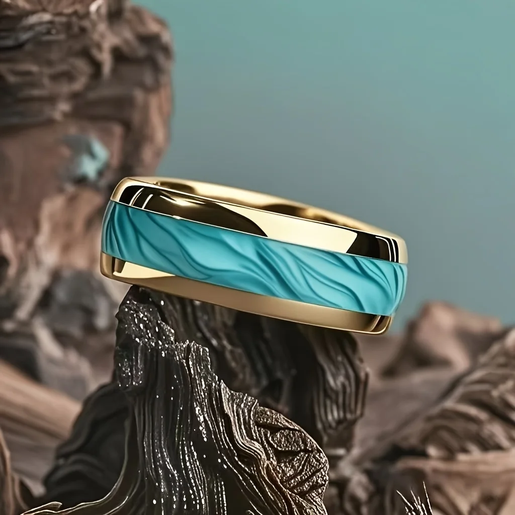 Stainless Steel Ring in Goldoptik mit Türkis-Inlay – Bild 2