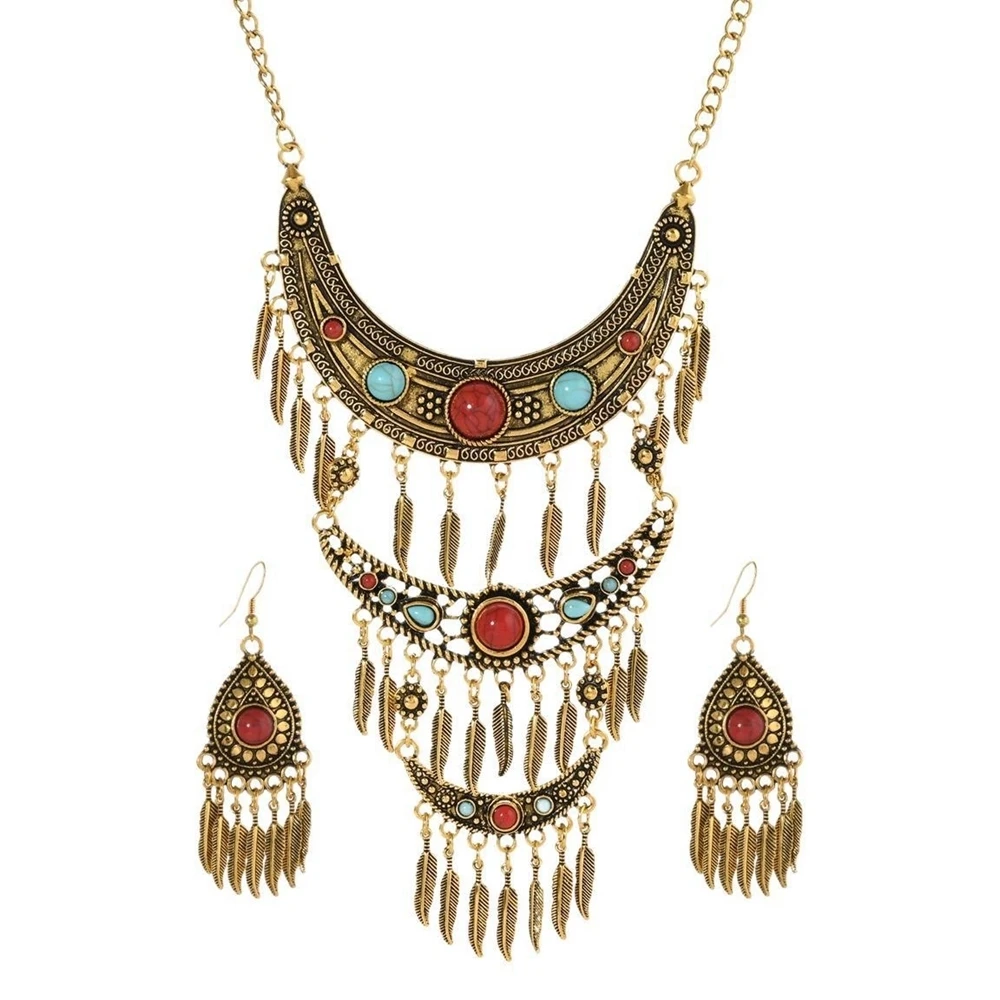 Boho Schmuckset – Western Retro Halskette & Ohrringe mit Imitation Türkis und Quasten-Details – Bild 5