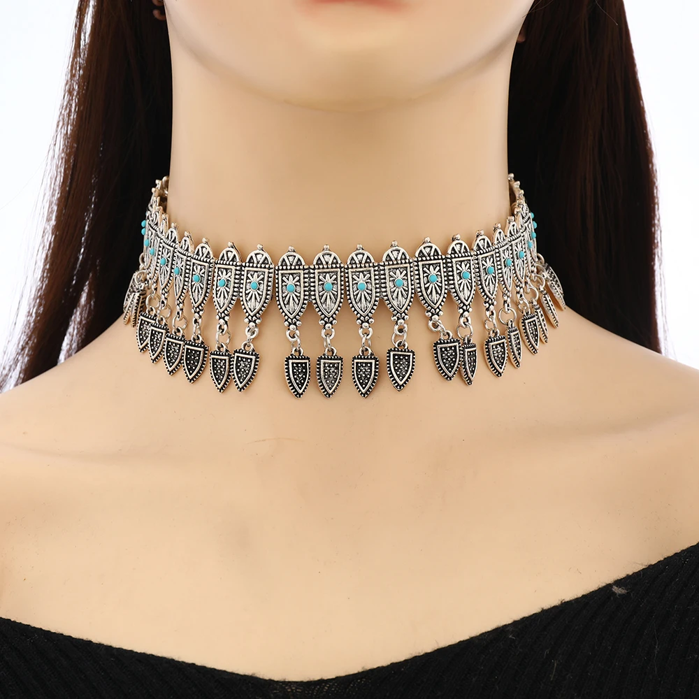 Indisches Ethno Choker-Collier – Retro Halskette mit Rhinestones, vergoldet oder versilbert