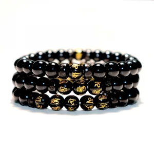3er-Set Obsidian Buddha-Armbänder – „Om Mani Padme Hum“ Mantra Perlenarmband