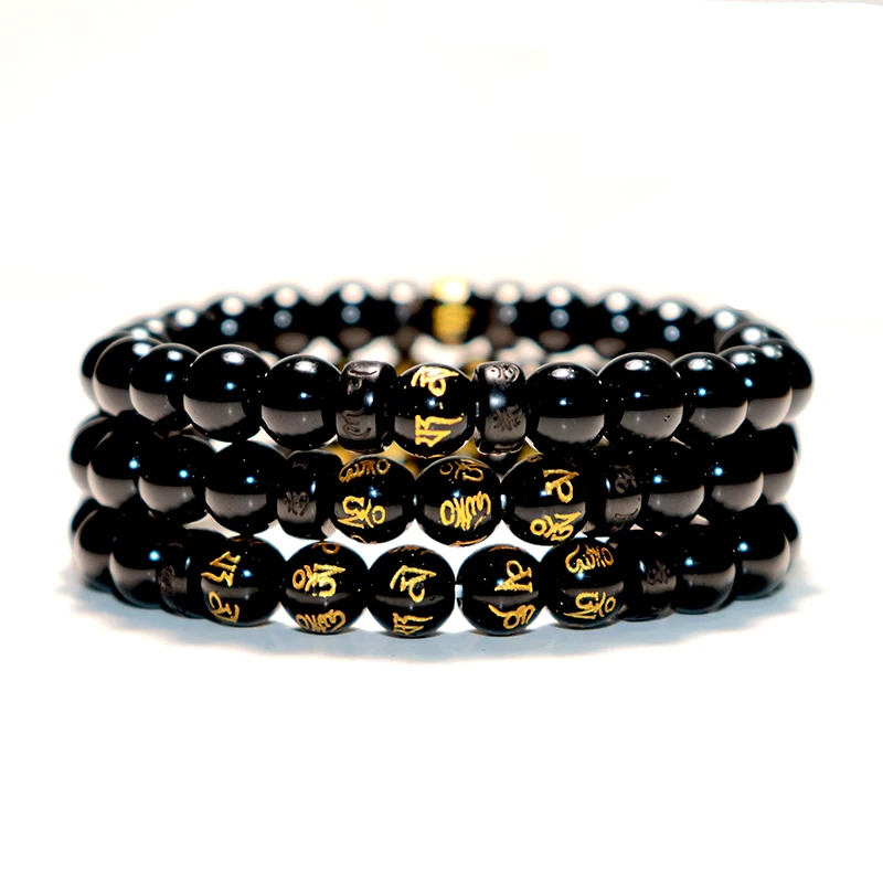 3er-Set Obsidian Buddha-Armbänder – „Om Mani Padme Hum“ Mantra Perlenarmband