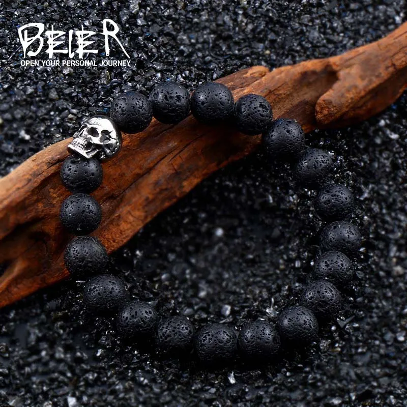 Lava-Stein Armband mit Totenkopf – 10mm Unisex