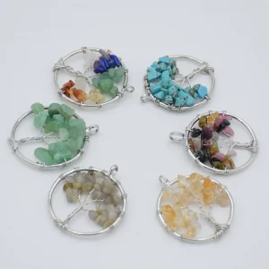 Baum-des-Lebens Anhänger – Silberfarben | 7 Chakra Halskette mit Natursteinen & Kristallen