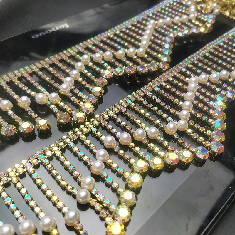 Handgefertigte Wellen-Strassband Spitze – Perlen & Kristalle für DIY, Hochzeitskleider & Dekoration (40 cm x 6 cm)