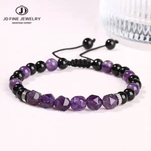 Natursteinarmband – Amethyst, Tigerauge & Schwarzer Achat