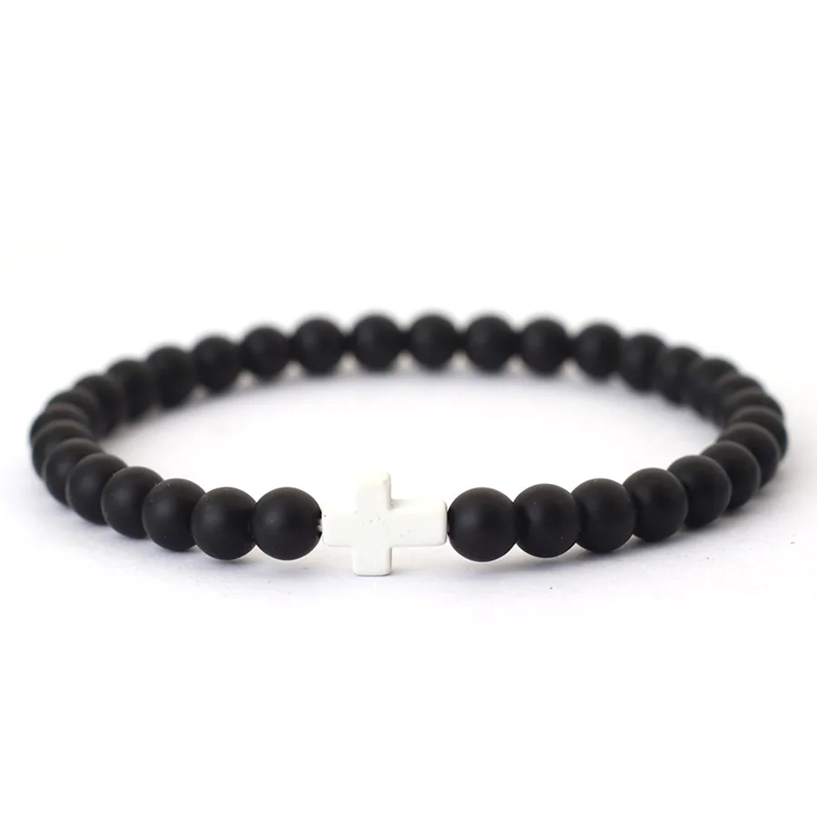 Minimalistisches 6mm Onyx Kreuz Armband – Unisex Naturstein Howlith & Matte Perlen – Bild 6