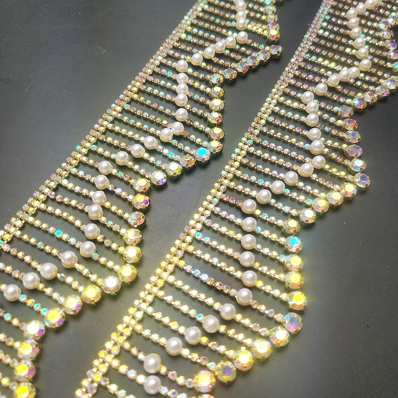 Handgefertigte Wellen-Strassband Spitze – Perlen & Kristalle für DIY, Hochzeitskleider & Dekoration (40 cm x 6 cm) – Bild 7