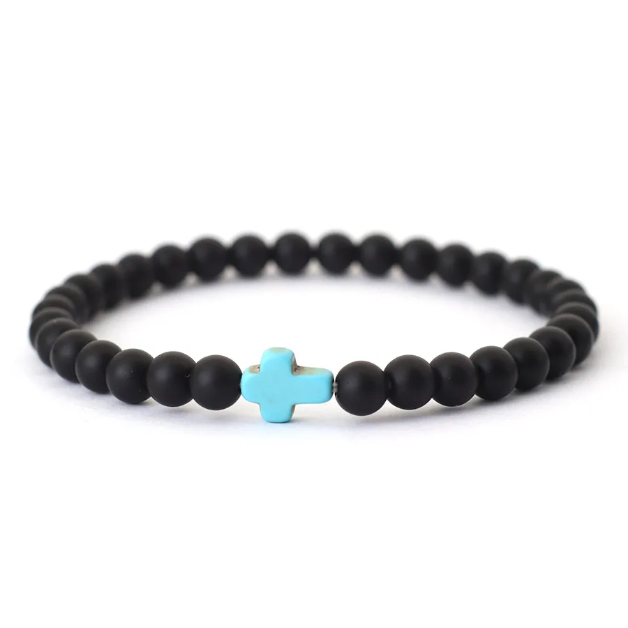 Minimalistisches 6mm Onyx Kreuz Armband – Unisex Naturstein Howlith & Matte Perlen – Bild 7
