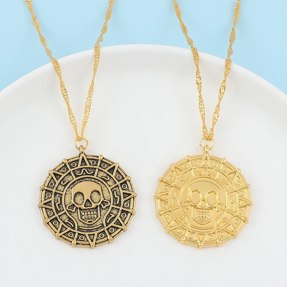 Pirates of the Caribbean Halskette | Retro Aztekische Goldmünze mit Totenkopf-Anhänger – Bild 2