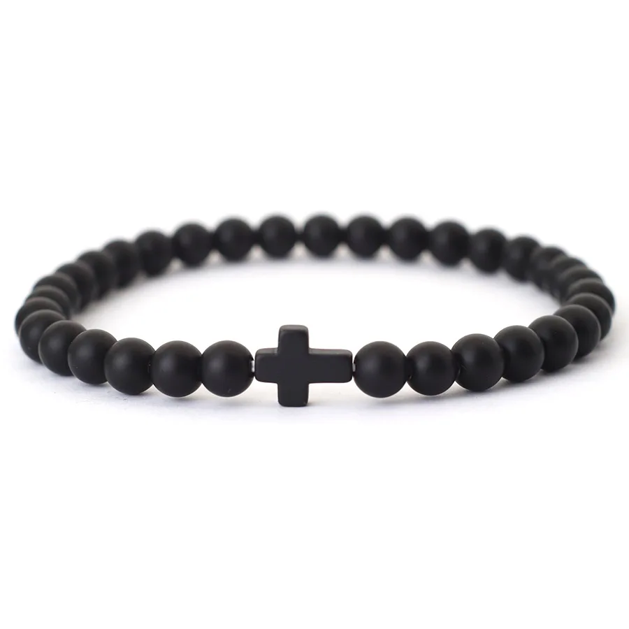 Minimalistisches 6mm Onyx Kreuz Armband – Unisex Naturstein Howlith & Matte Perlen – Bild 8