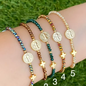 Kristallarmband mit Jesus-Medaillon & Kreuz