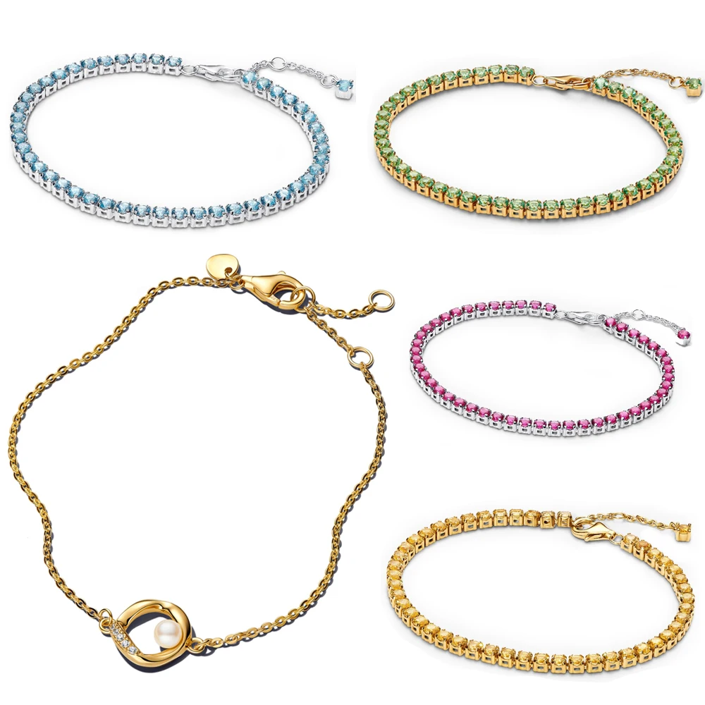 925 Sterling Silber Tennisarmband – Gelb & Blau, Funkelndes Pavé-Design mit Perlenoptik