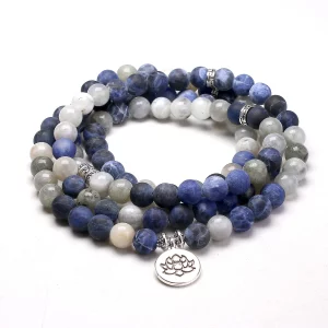 108 Mala Armband/Halskette – Mondstein & Sodalith Naturstein | Lotus-Anhänger
