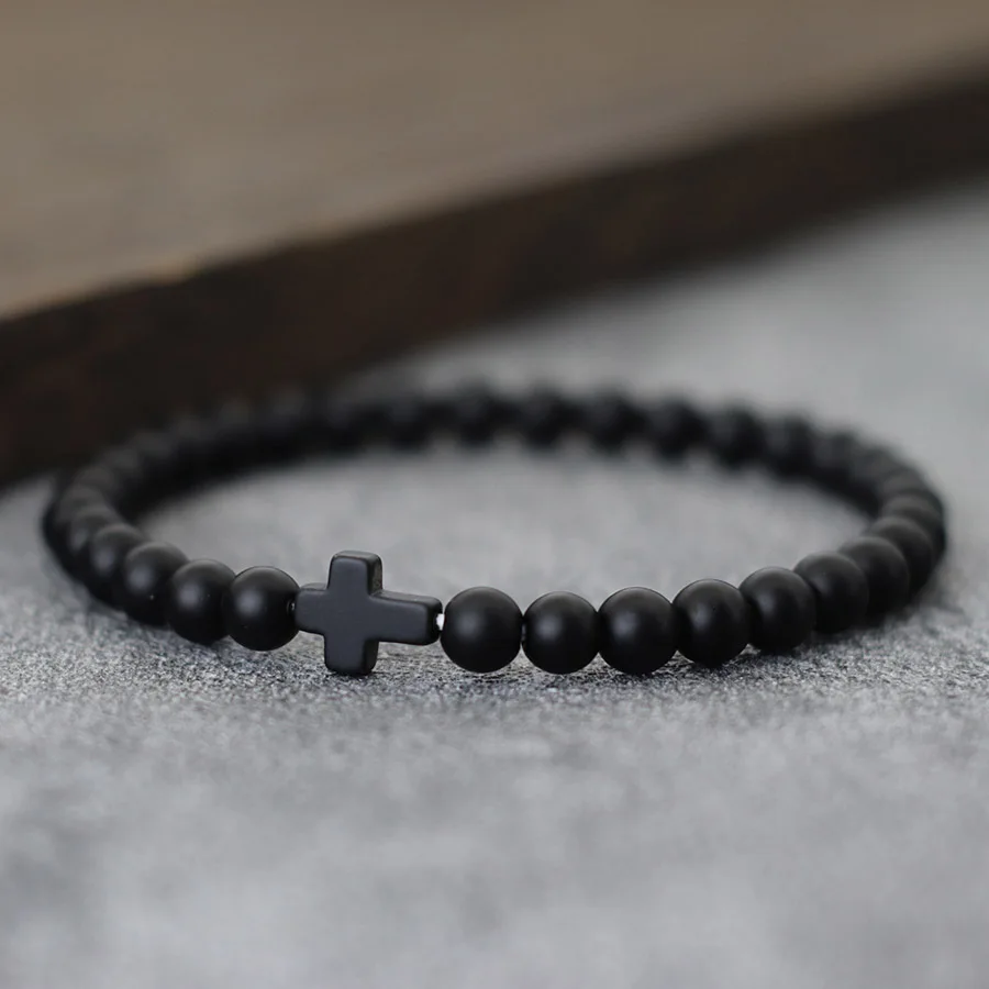 Minimalistisches 6mm Onyx Kreuz Armband – Unisex Naturstein Howlith & Matte Perlen – Bild 4