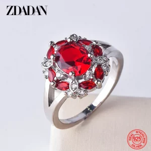 925 Sterling Silber Ring – Rote Blüte aus Zirkonia