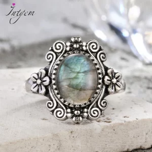 Vintage 925 Sterling Silber Ring mit Ovalem Labradorit & Blumen-Design