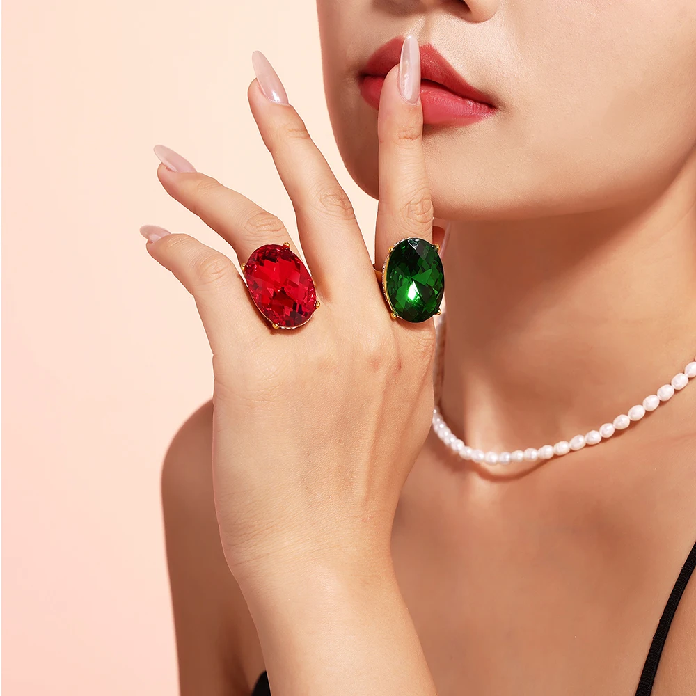 Ovaler Edelstahlring mit Glasstein & Strass – Bild 2