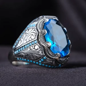 Retro Türkischer Herrenring – Handgefertigter Vintage-Ring mit Blauem Zirkonia