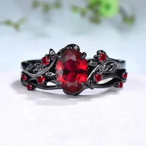 2er Set Damenringe in Gun Black mit Rotem Zirkonia