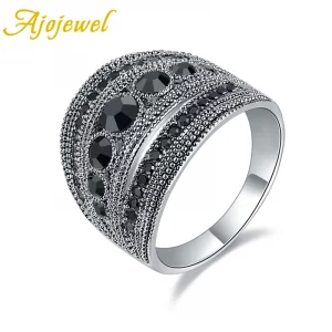 Black CZ Geometric Vintage Wide Ring – Retro Statementring