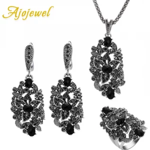 Ajojewel Vintage Black Crystal Hollow Flower Schmuckset