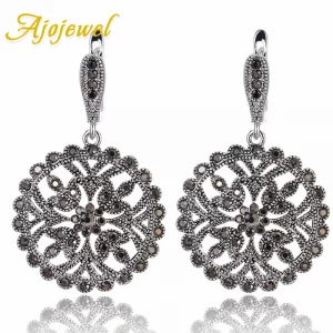 Big Round Drop-Ohrringe – Schwarze Kristall-Rhinestone Flower Earrings im Vintage-Style
