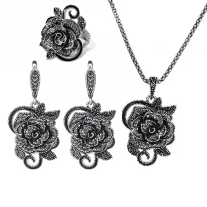Ajojewel Luxury Black Crystal Rose Flower Schmuckset