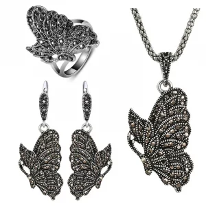 Vintage Schmetterling Schmuckset (Halskette + Ohrringe + Ring)