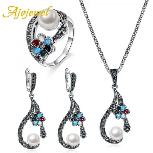 Vintage Perlen Schmuckset mit Bunter Emaille-Blüte & Schwarzen Strasssteinen