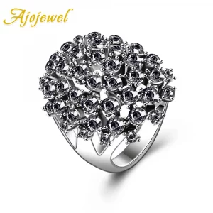 Vintage Statementring mit Grauen Strasssteinen – Großer Silberfarbener Ring